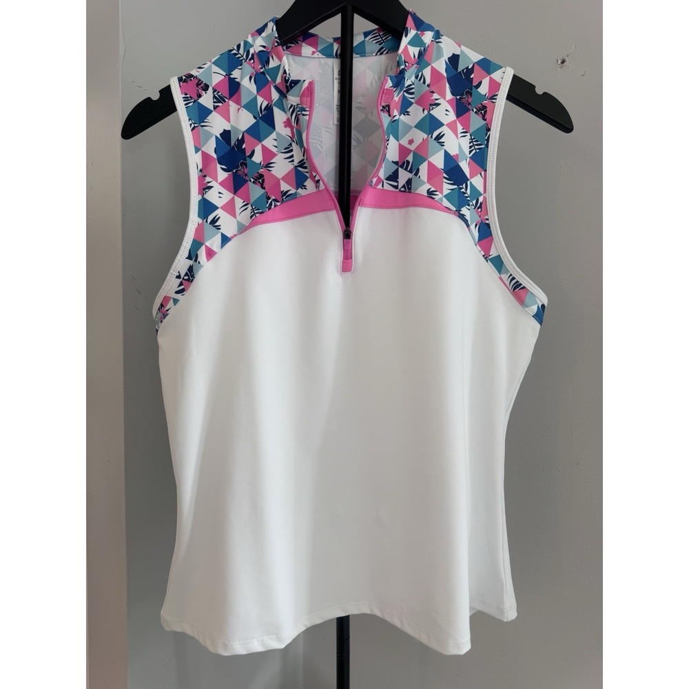 Kyodan Golf Sleeveless‎ Zip Top Women's M White Pink Blue Athletic Tank